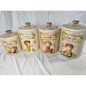 Treasure Craft Ceramic Canister Set Kids Design Tea Flour Sugar Cookies USA Made